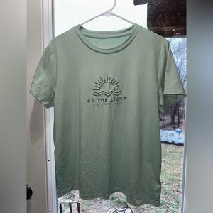 SHEIN Sage Green Short Sleeve Tee with Embossed 'Be The Light' Sun